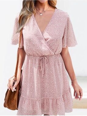 Light Pink Floral Faux Wrap Chiffon Dress | White Leopard Print | Size S